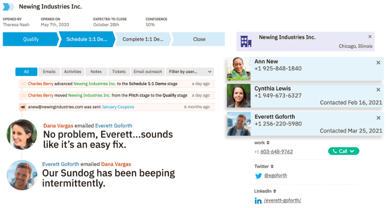 a screenshot of the newing industries Inc. lead updates in Nutshell