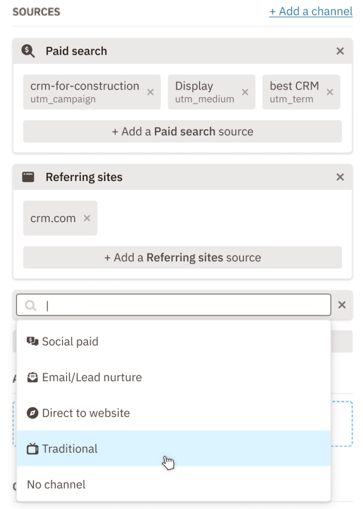 a screenshot of Nutshell's lead channels and lead attribution setup process 