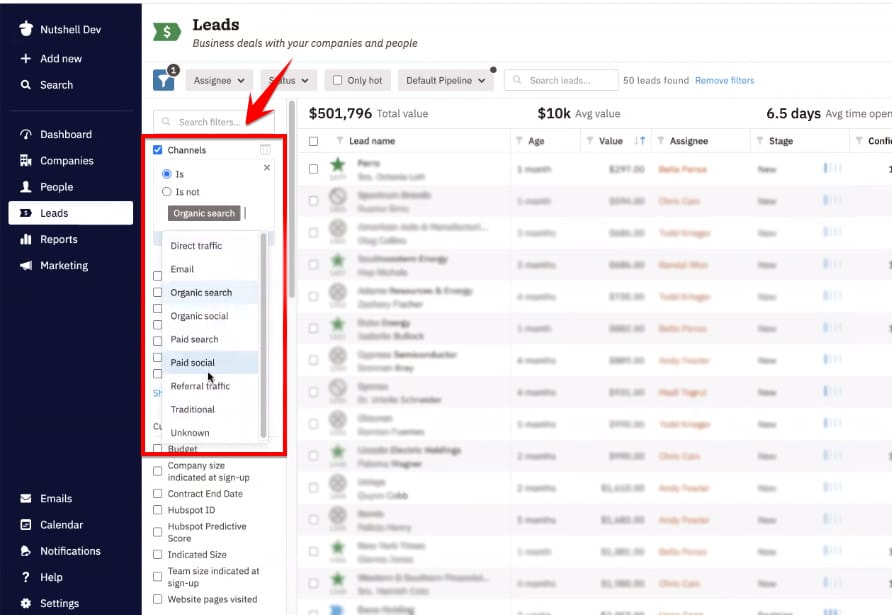 channel filters for leads dashboard